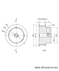 Technical Drawing Of Timing Belt Pulley - GT - 3MR - 40 Teeth - 6mm Belt - 1/4 Bore