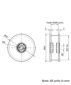 Technical Drawing Of Timing Belt Smooth Idler - GT - 3MR - 40 Teeth - 6mm Belt - 5mm Bore
