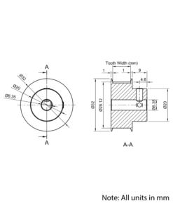 Technical Drawing Of Timing Belt Pulley - GT - 2MR - 45 Teeth - 15mm Belt - 1/4 Bore