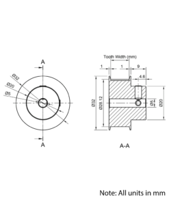 Technical Drawing Of Timing Belt Pulley - GT - 2MR - 45 Teeth - 15mm Belt - 5mm Bore