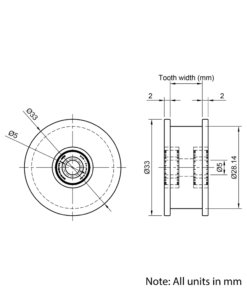 Technical Drawing Of Timing Belt Smooth Idler - GT - 2MR - 45 Teeth - 15mm Belt - 5mm Bore