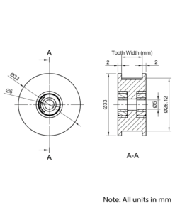 Technical Drawing Of Timing Belt Toothed Idler - GT - 2MR - 45 Teeth - 15mm Belt - 5mm Bore