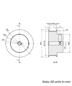 Technical Drawing Of Timing Belt Pulley - GT - 2MR - 60 Teeth - 10mm Belt - 5mm Bore