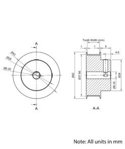 Technical Drawing Of Timing Belt Pulley - GT - 2MR - 60 Teeth - 6mm Belt - 1/4 Bore