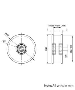 Technical Drawing Of Timing Belt Smooth Idler - GT - 2MR - 60 Teeth - 6mm Belt - 5mm Bore