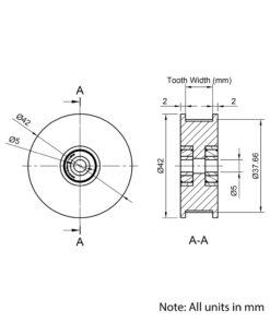 Technical Drawing Of Timing Belt Toothed Idler - GT - 2MR - 60 Teeth - 6mm Belt - 5mm Bore