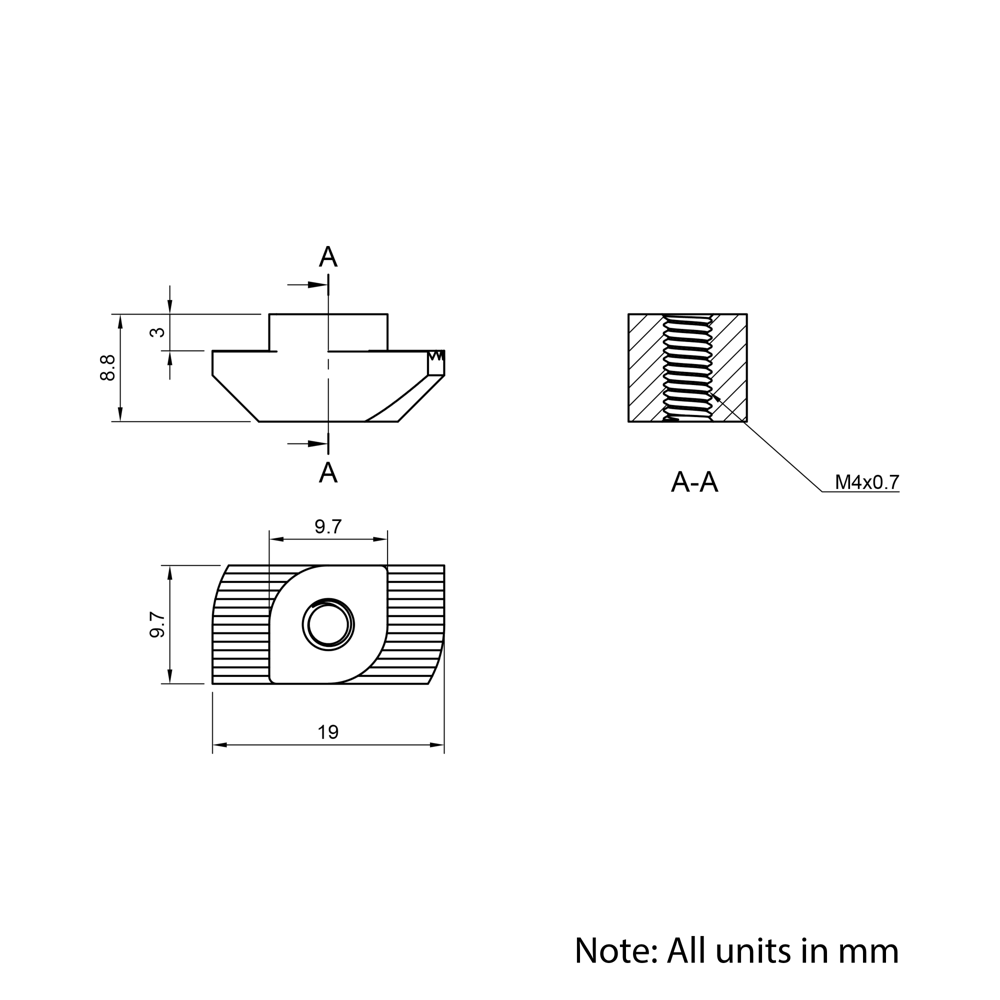 Technical Drawing Of Drop In Nut - T-Slot - 40 & 45 Series - M4