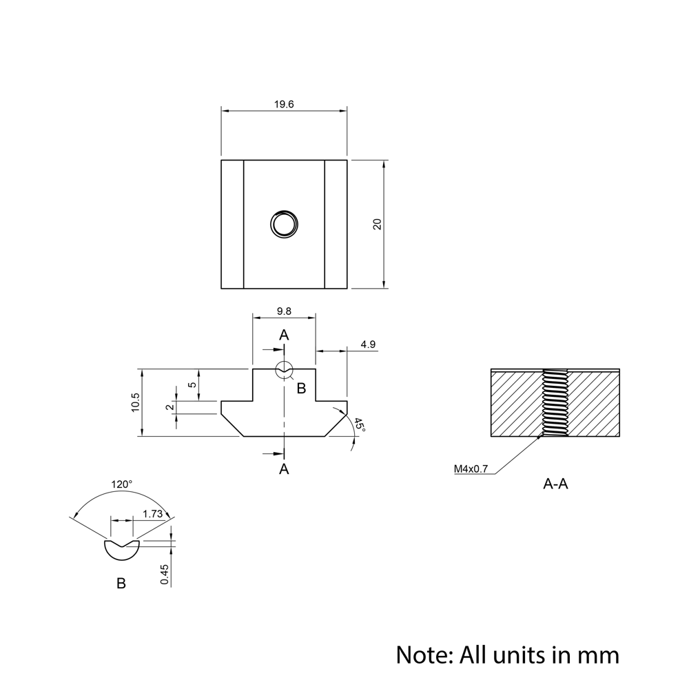 Technical Drawing Of Slide In Nut - T-Slot - 40 & 45 Series - M4 - Stainless Steel