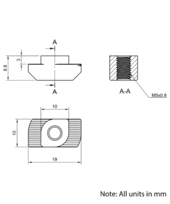 Technical Drawing Of Drop In Nut - T-Slot - 40 & 45 Series - M5 - Stainless Steel