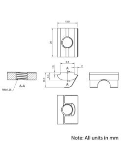 Technical Drawing Of Spring Leaf Loaded Nut - T-Slot - 40 & 45 Series - M8