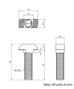 Technical Drawing of Drop In Bolt - T-Slot - 40 & 45 Series - M8 - 30mm