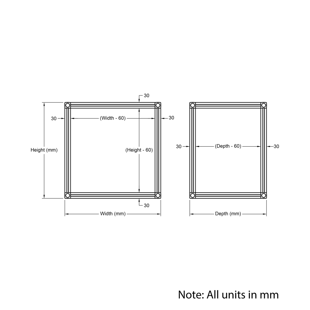 Technical Drawing Of Cuboid Frame - 30 Series - 1000x1000x1000mm - Silver
