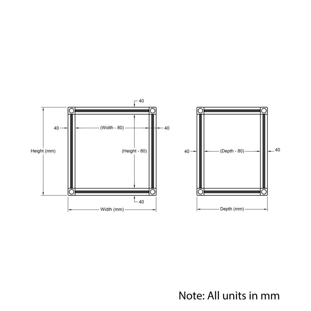 Technical Drawing Of Cuboid Frame - 40 Series - 250x250x250mm - Silver