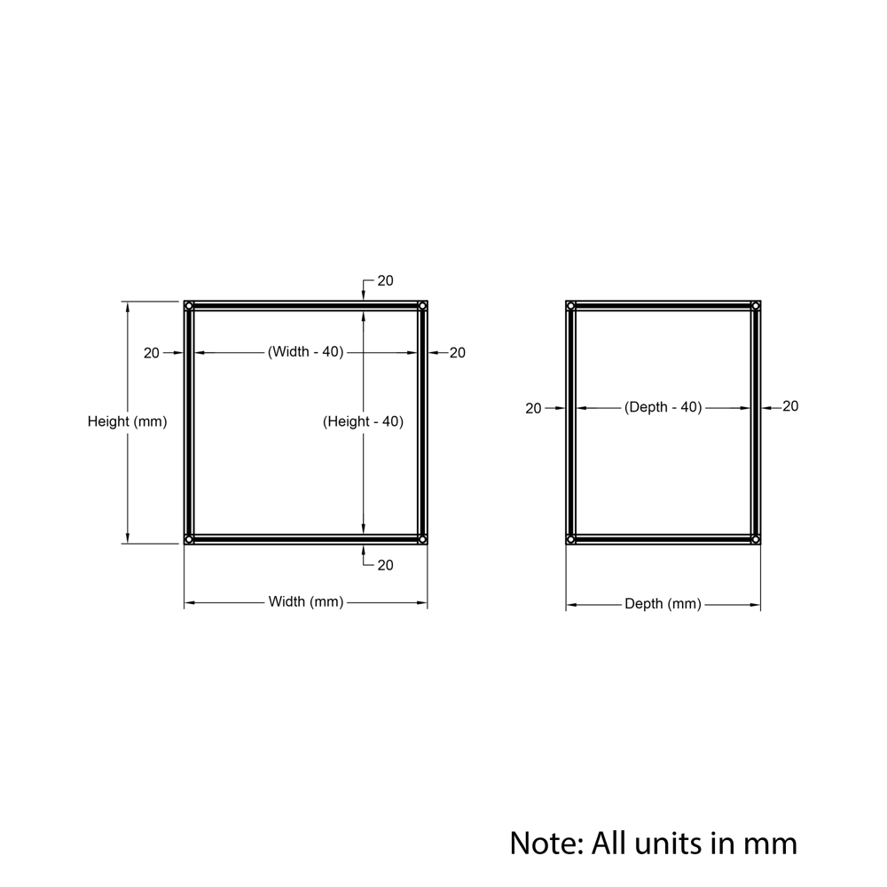 Technical Drawing Of Cuboid Frame - 20 Series - 500x500x500mm - Silver
