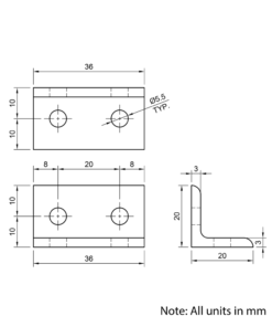 Technical Drawing Of Universal Corner Bracket - 20 Series - 40x20 - Black