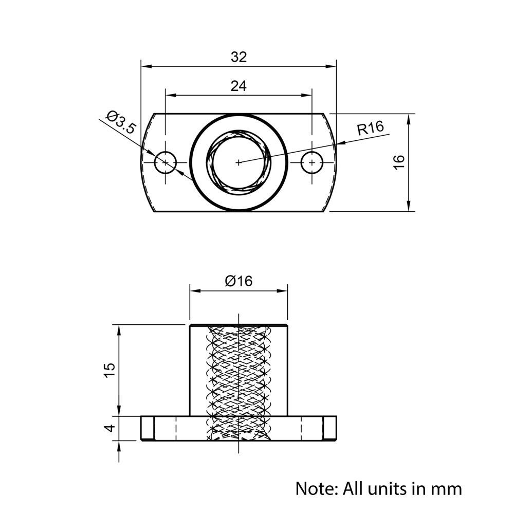 Technical Drawing Of Lead Screw Round Flanged Nut - Tr10*10-2P (5 Start) - Spanner Flat - Brass