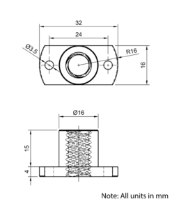 Technical Drawing Of Lead Screw Round Flanged Nut - Tr10*6-2P (3 Start) - Spanner Flat - Brass