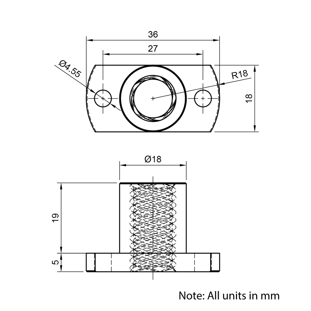 Technical Drawing Of Lead Screw Round Flanged Nut - Tr12*10-2P (5 Start) - Spanner Flat - Brass