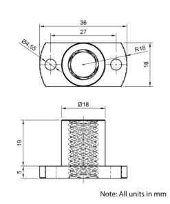 Technical Drawing Of Lead Screw Round Flanged Nut - Tr12*8-2P (4 Start) - Spanner Flat - Brass