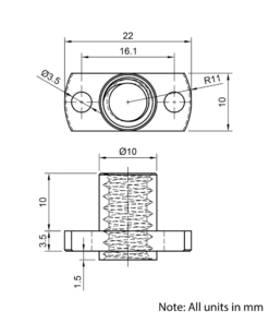 Technical Drawing Of Lead Screw Round Flanged Nut - Tr8*2-2P (1 Start) - Spanner Flat - Brass