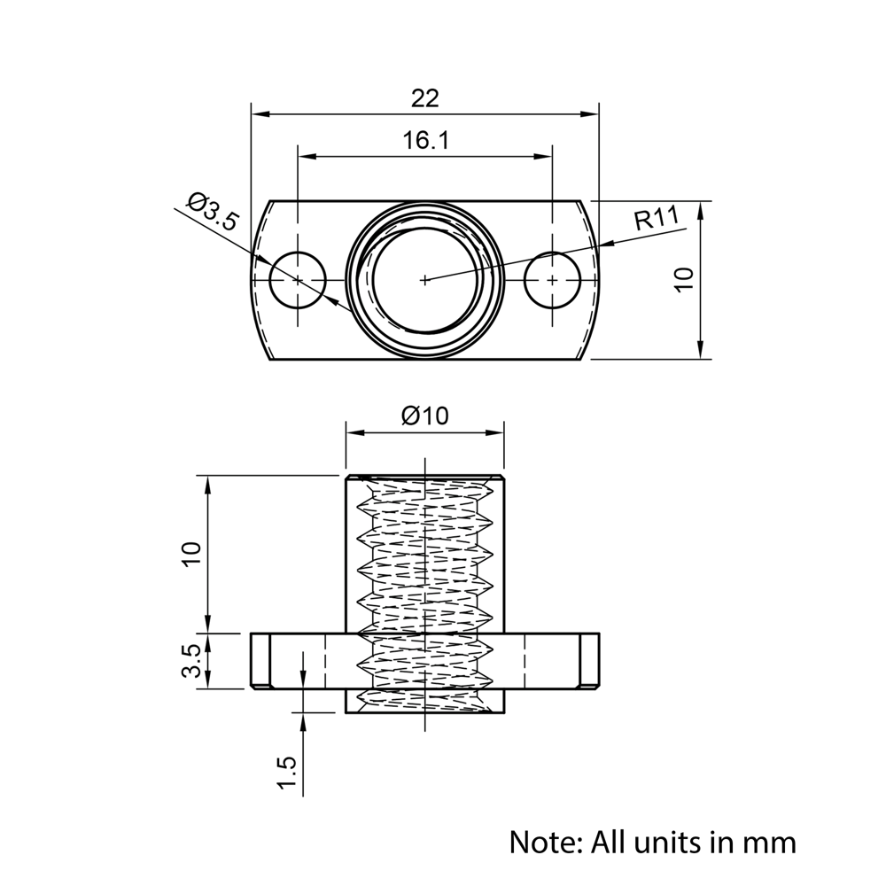 Technical Drawing Of Lead Screw Round Flanged Nut - Tr8*2-2P (1 Start) - Spanner Flat - Brass