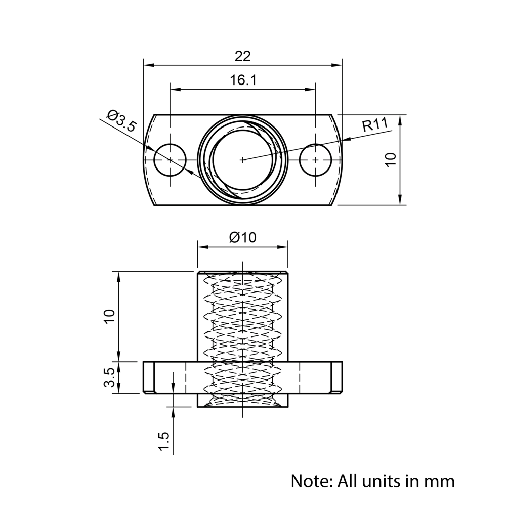 Technical Drawing Of Lead Screw Round Flanged Nut - Tr8*4-2P (2 Start) - Spanner Flat - Brass