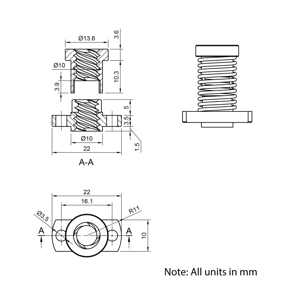 Technical Drawing Of Lead Screw Anti-backlash Round Flanged Nut - Tr8*8-2P (4 Start) - Spanner Flat - Brass - With Spring