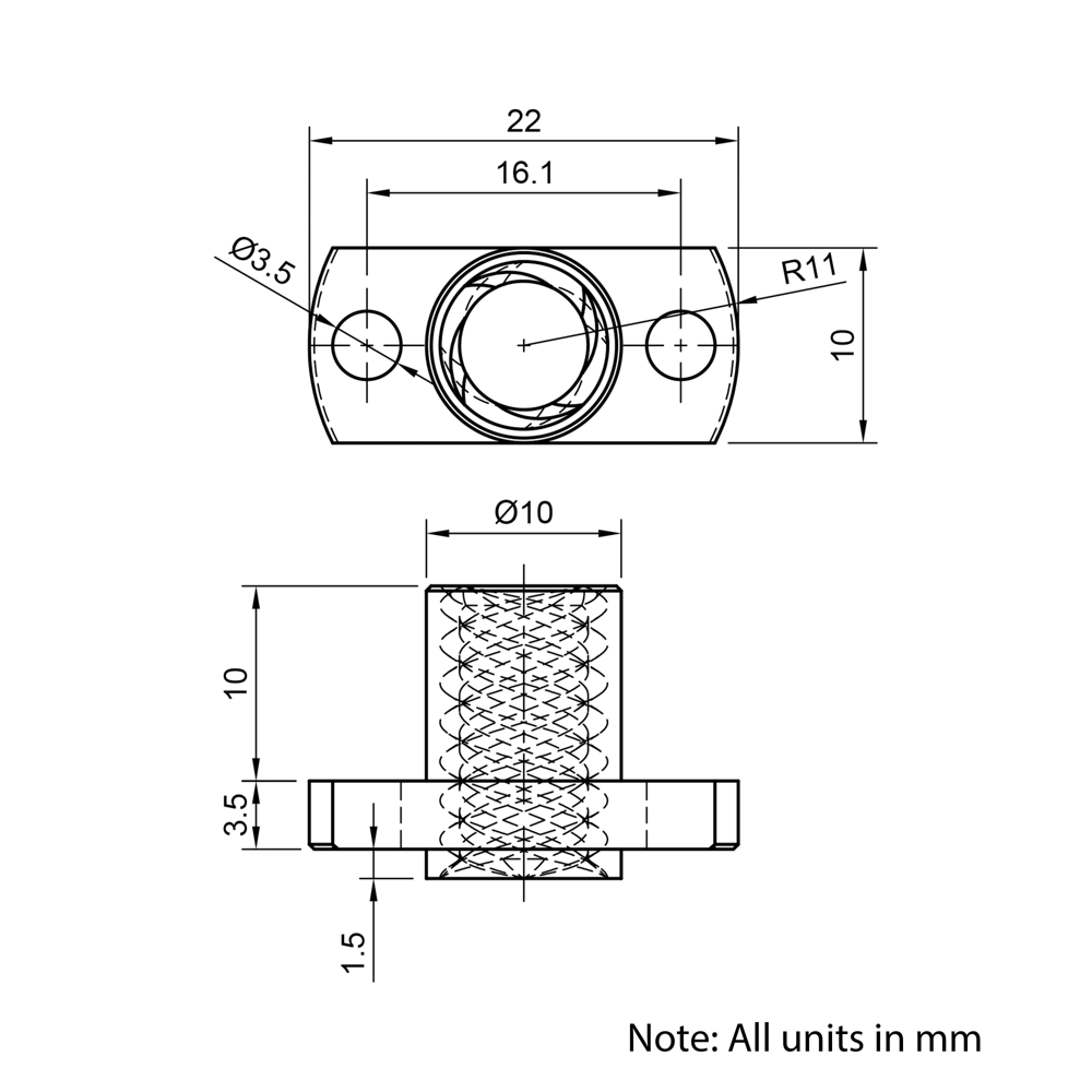 Technical Drawing Of Lead Screw Round Flanged Nut - Tr8*8-2P (4 Start) - Spanner Flat - Brass