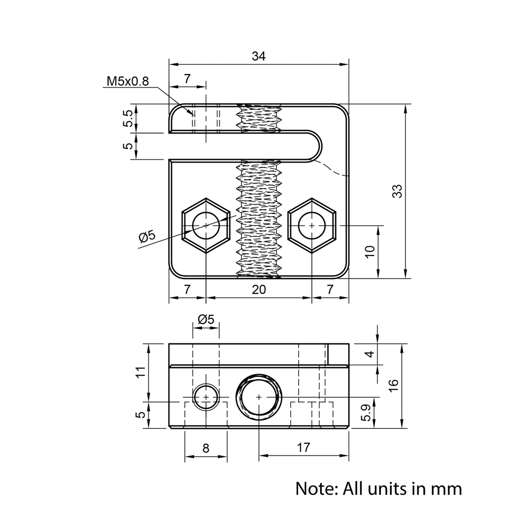 Technical Drawing Of Lead Screw Anti-backlash Nut Block - Tr8*2-2P (1 Start) - Stand Off - POM
