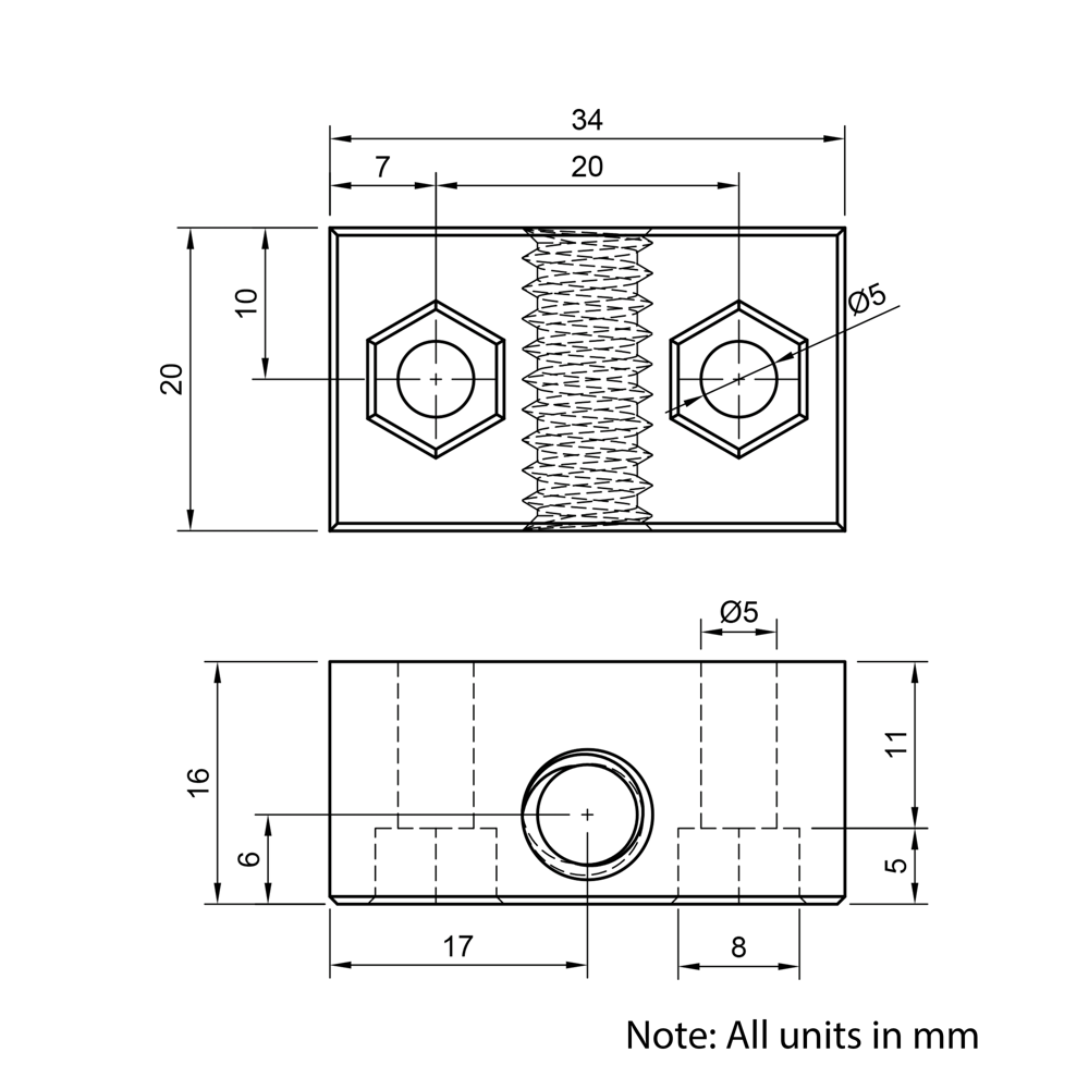 Technical Drawing Of Lead Screw Nut Block - Tr8*2-2P (1 Start) - Stand Off - POM