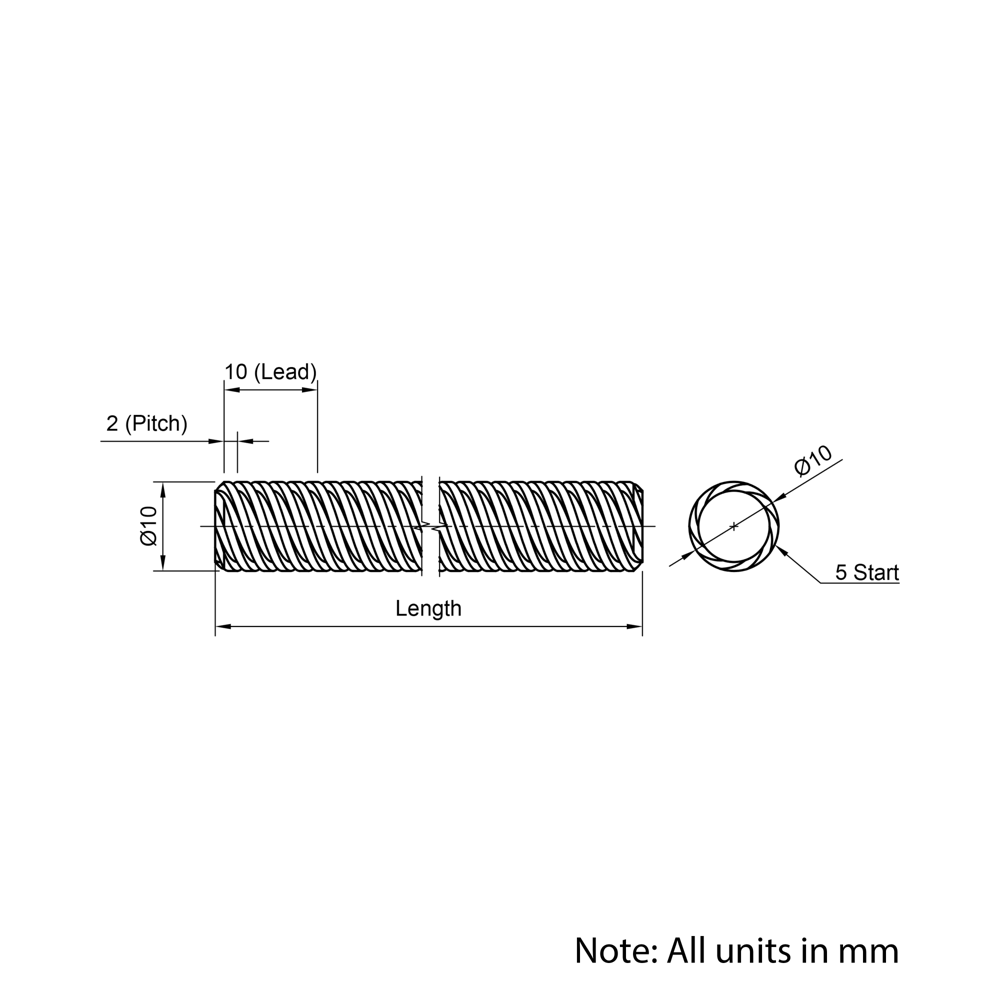 Technical Drawing Of Lead Screw - Tr10*10-2P (5 Start) - Cut To Size
