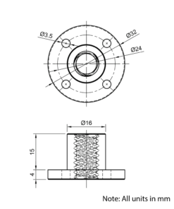 Technical Drawing Of Lead Screw Round Flanged Nut - Tr10*6-2P (3 Start) - Brass