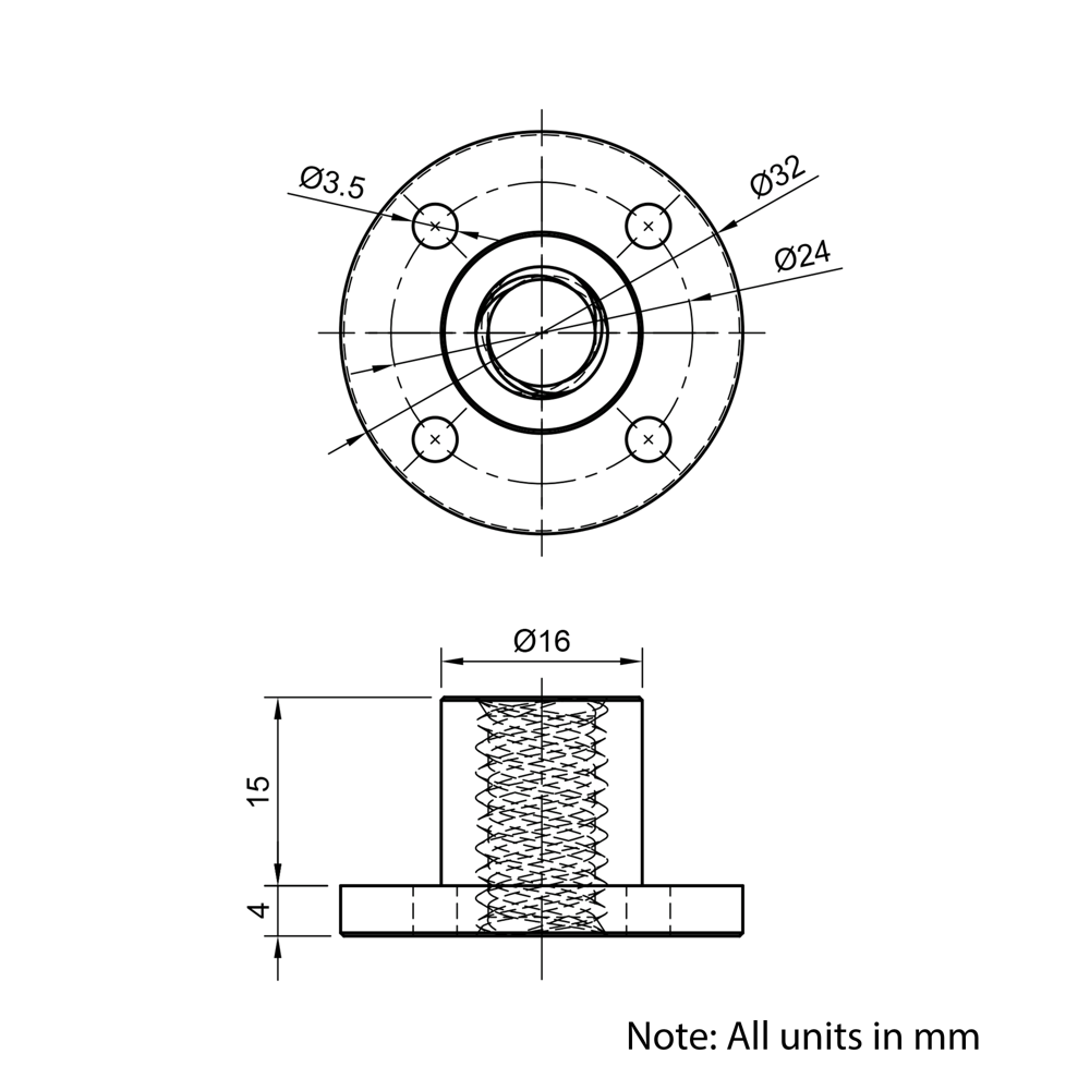 Technical Drawing Of Lead Screw Round Flanged Nut - Tr10*6-2P (3 Start) - Brass