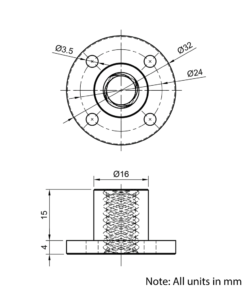 Technical Drawing Of Lead Screw Round Flanged Nut - Tr10*8-2P (4 Start) - Brass