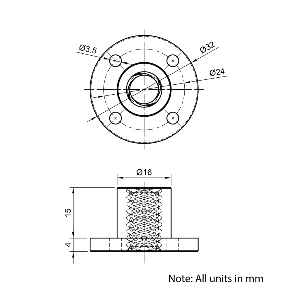 Technical Drawing Of Lead Screw Round Flanged Nut - Tr10*8-2P (4 Start) - Brass