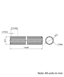 Technical Drawing Of Lead Screw - Tr12*10-2P (5 Start) - Cut To Size