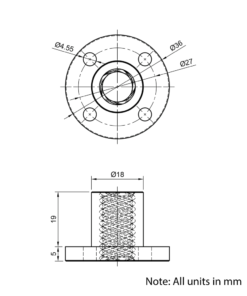 Technical Drawing Of Lead Screw Round Flanged Nut - Tr12*10-2P (5 Start) - Brass