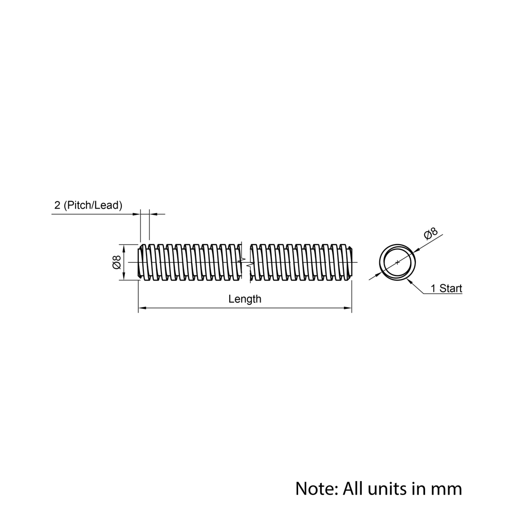 Technical Drawing Of Lead Screw - Tr8*2-2P (1 Start) - Cut To Size