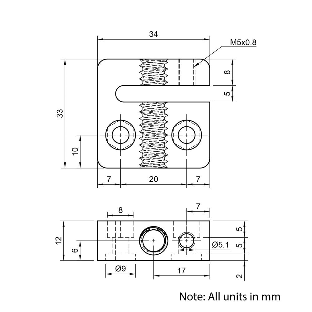 Technical Drawing Of Lead Screw Anti-backlash Nut Block - Tr8*2-2P (1 Start) - POM