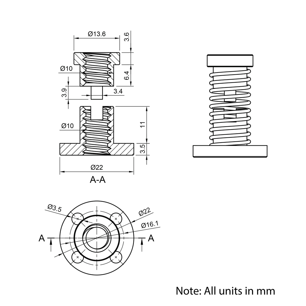 Technical Drawing Of Lead Screw Anti-backlash Round Flanged Nut - Tr8*2-2P (1 Start) - POM - With Spring