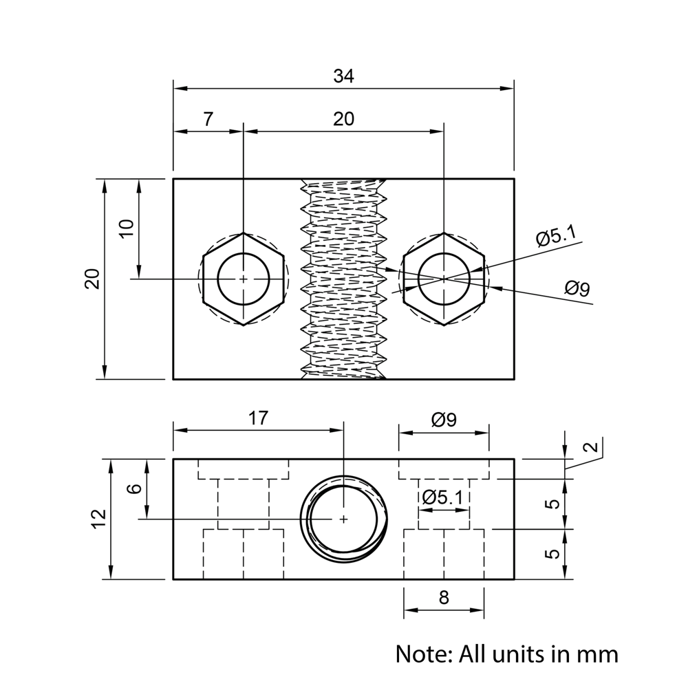 Technical Drawing Of Lead Screw Nut Block - Tr8*2-2P (1 Start) - POM