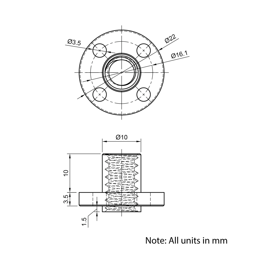Technical Drawing Of Lead Screw Round Flanged Nut - Tr8*2-2P (1 Start) - POM