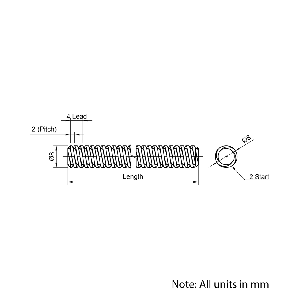 Technical Drawing Of Lead Screw - Tr8*4-2P (2 Start) - Cut To Size