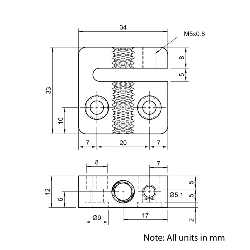 Technical Drawing Of Lead Screw Anti-backlash Nut Block - Tr8*4-2P (2 Start) - POM