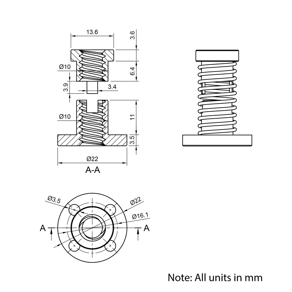 Technical Drawing Of Lead Screw Anti-backlash Round Flanged Nut - Tr8*4-2P (2 Start) - Brass - With Spring