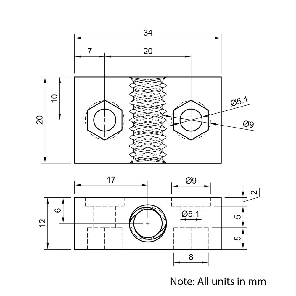 Technical Drawing Of Lead Screw Nut Block - Tr8*4-2P (2 Start) - POM