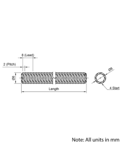 Technical Drawing Of Lead Screw - Tr8*8-2P (4 Start) - Cut To Size