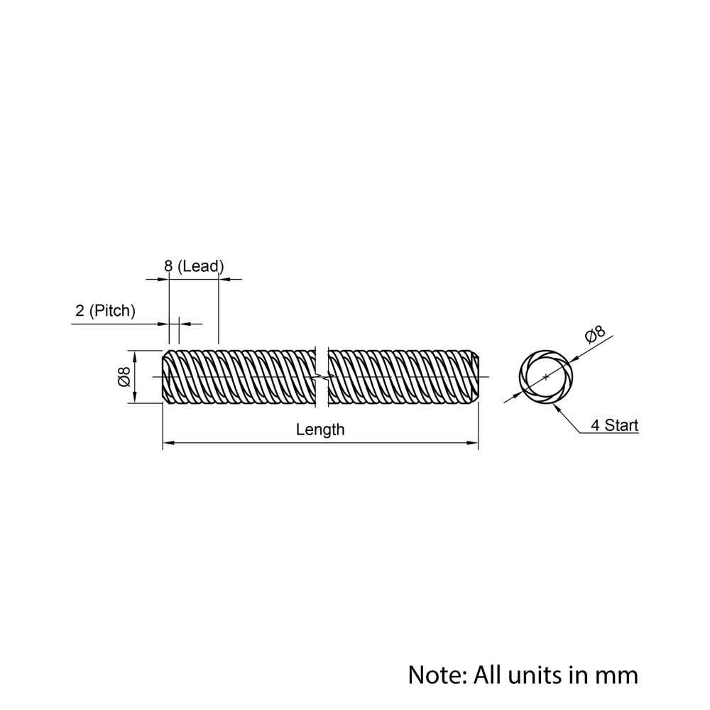 Technical Drawing Of Lead Screw - Tr8*8-2P (4 Start) - Cut To Size