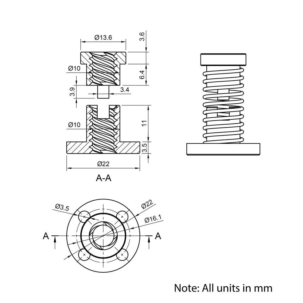 Technical Drawing Of Lead Screw Anti-backlash Round Flanged Nut - Tr8*8-2P (4 Start) - Brass - With Spring