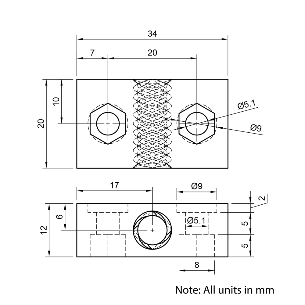 Technical Drawing Of Lead Screw Nut Block - Tr8*8-2P (4 Start) - POM